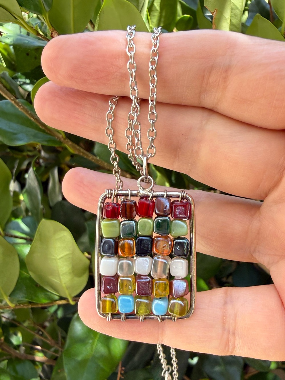 Handmade Multicolor Glass Tile Mosaic Pendant & Silver Tone Chain